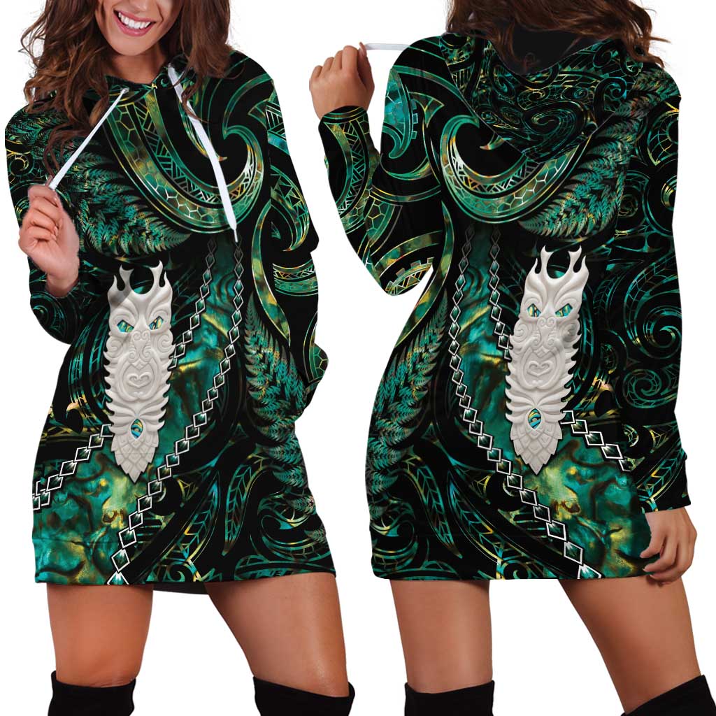 New Zealand Aotearoa Hoodie Dress Maori Tane Te Waiora Paua Shell Glitter Green LT05 - Polynesian Pride