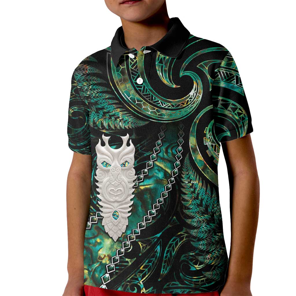 New Zealand Aotearoa Kid Polo Shirt Maori Tane Te Waiora Paua Shell Glitter Green LT05 Kid Green - Polynesian Pride