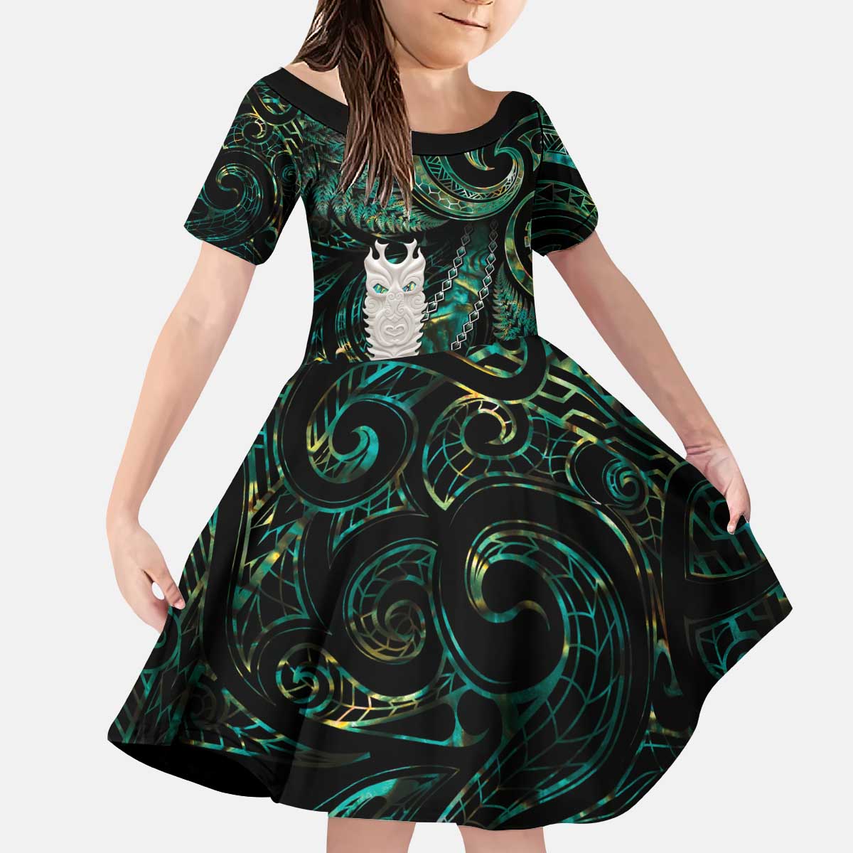 New Zealand Aotearoa Kid Short Sleeve Dress Maori Tane Te Waiora Paua Shell Glitter Green LT05 KID Green - Polynesian Pride