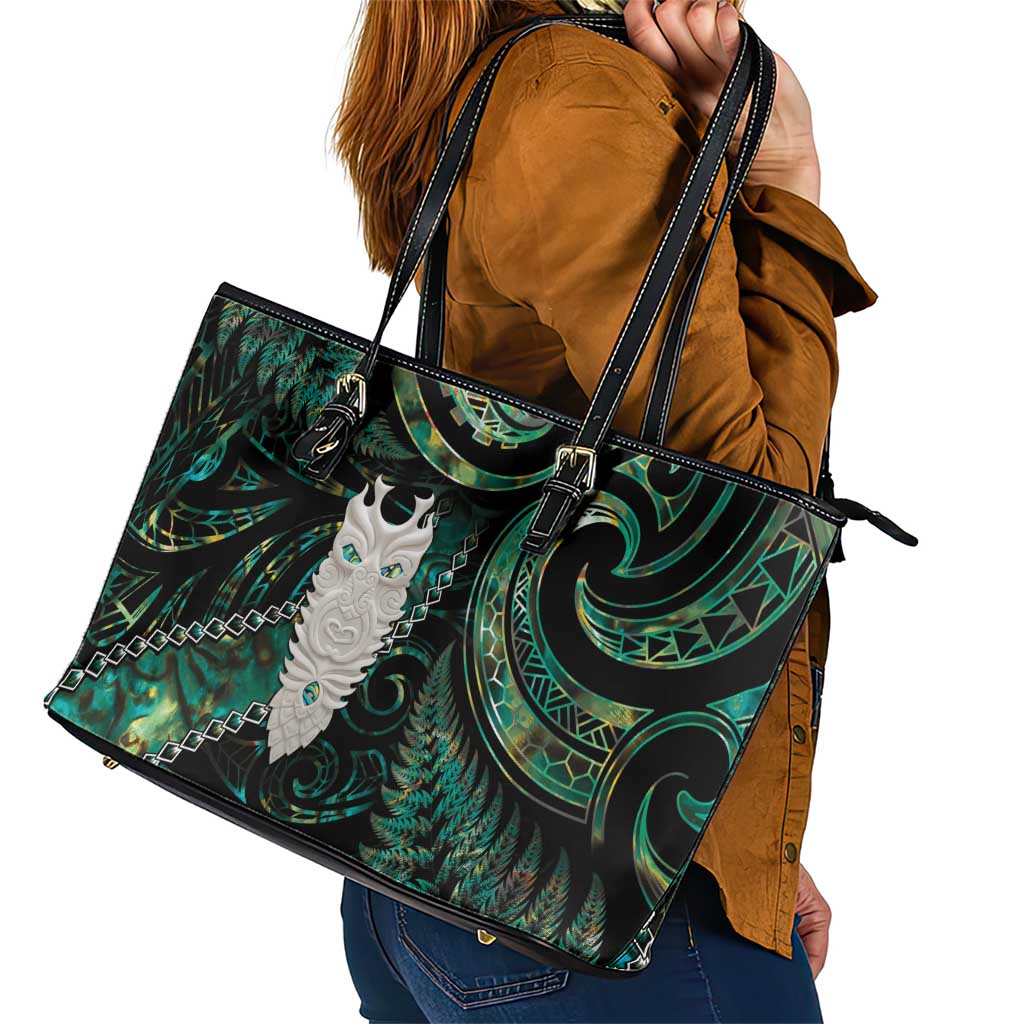 New Zealand Aotearoa Leather Tote Bag Maori Tane Te Waiora Paua Shell Glitter Green LT05 - Polynesian Pride