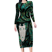 New Zealand Aotearoa Long Sleeve Bodycon Dress Maori Tane Te Waiora Paua Shell Glitter Green LT05 Long Dress Green - Polynesian Pride