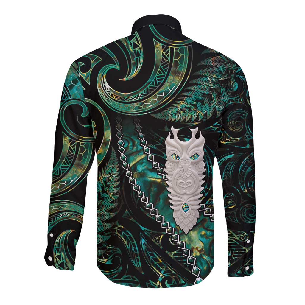 New Zealand Aotearoa Long Sleeve Button Shirt Maori Tane Te Waiora Paua Shell Glitter Green LT05 - Polynesian Pride