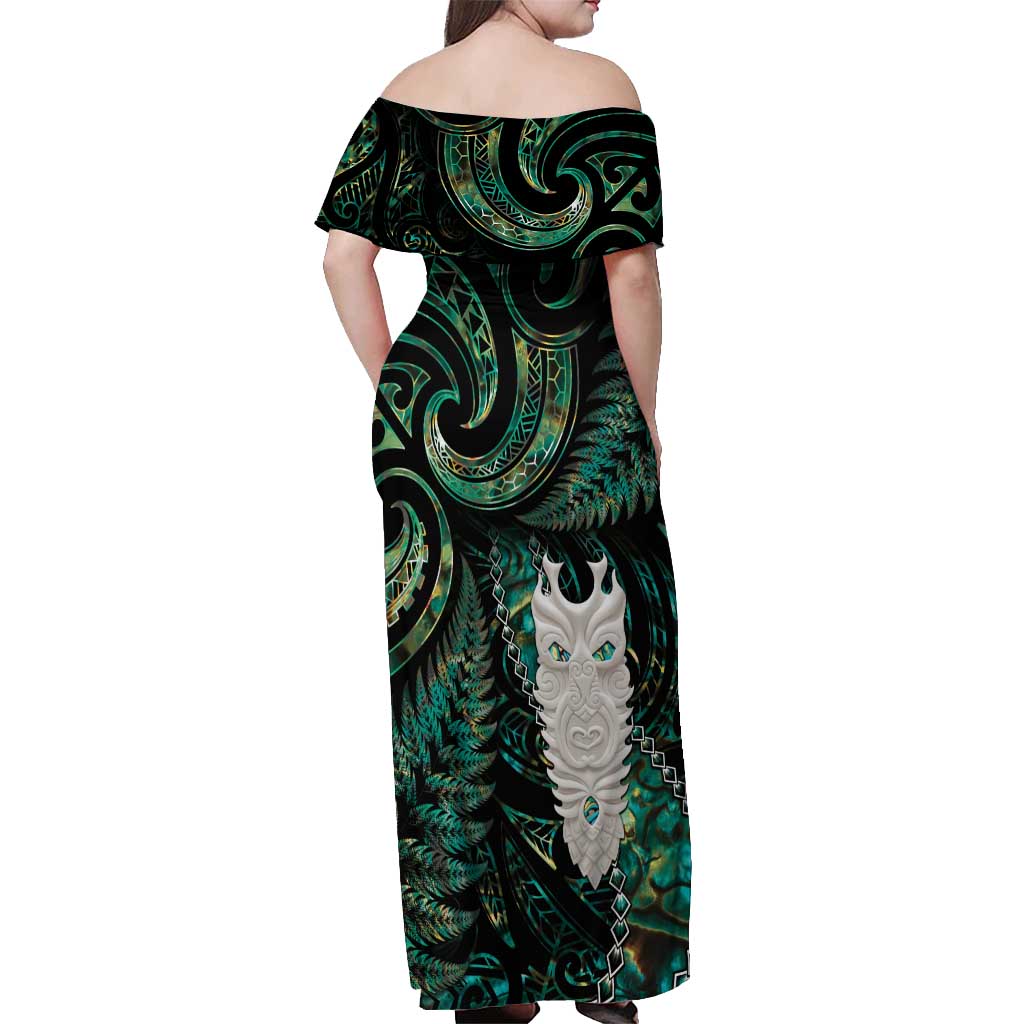 New Zealand Aotearoa Off Shoulder Maxi Dress Maori Tane Te Waiora Paua Shell Glitter Green LT05 - Polynesian Pride