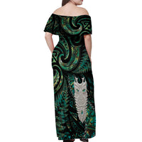 New Zealand Aotearoa Off Shoulder Maxi Dress Maori Tane Te Waiora Paua Shell Glitter Green LT05 - Polynesian Pride