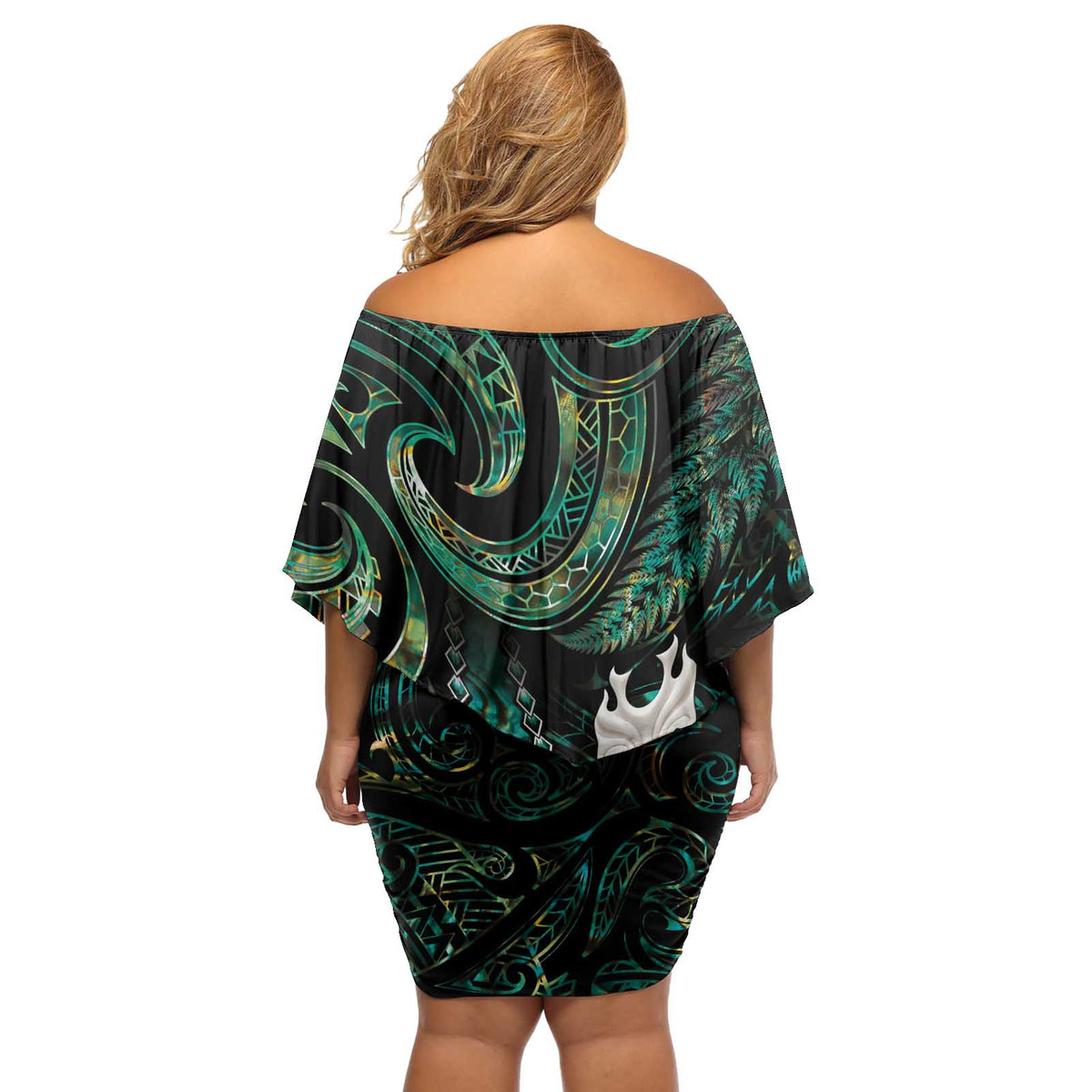 New Zealand Aotearoa Off Shoulder Short Dress Maori Tane Te Waiora Paua Shell Glitter Green LT05 - Polynesian Pride