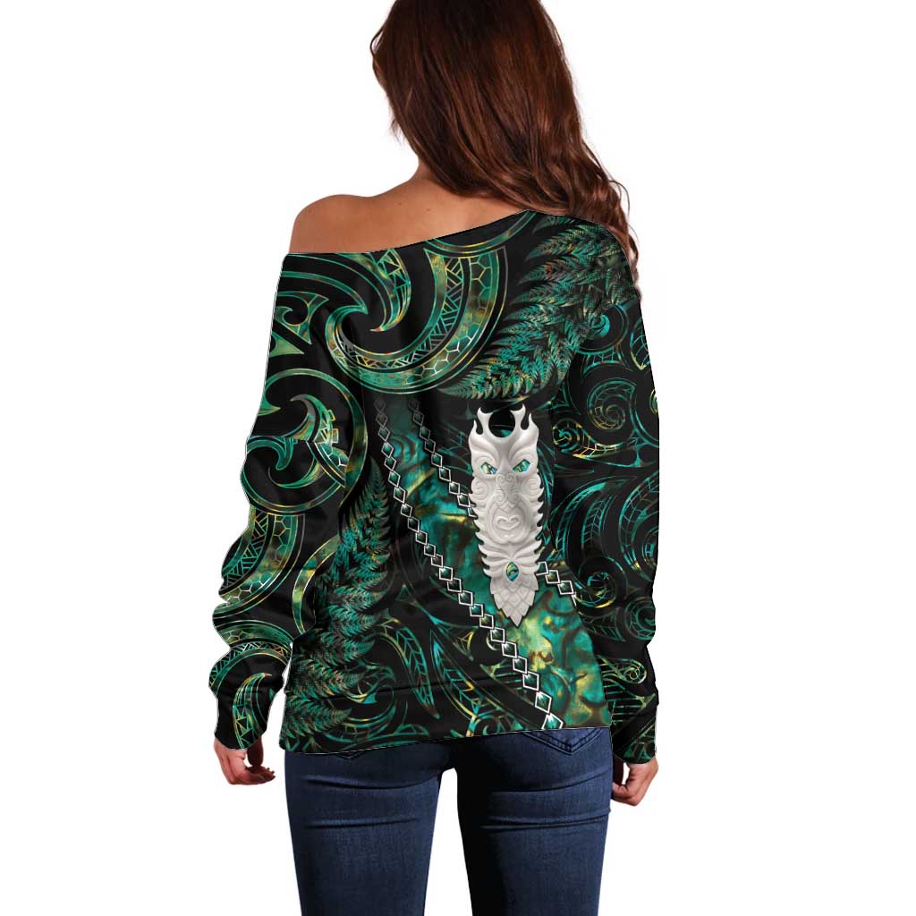 New Zealand Aotearoa Off Shoulder Sweater Maori Tane Te Waiora Paua Shell Glitter Green LT05 - Polynesian Pride
