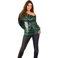 New Zealand Aotearoa Off Shoulder Sweater Maori Tane Te Waiora Paua Shell Glitter Green LT05 - Polynesian Pride