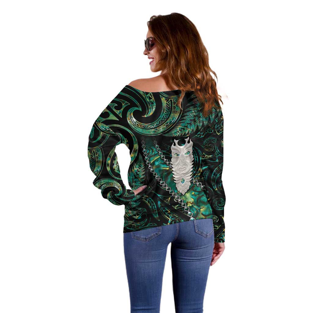 New Zealand Aotearoa Off Shoulder Sweater Maori Tane Te Waiora Paua Shell Glitter Green LT05 - Polynesian Pride