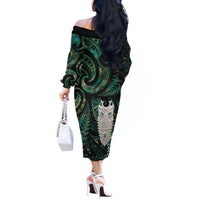 New Zealand Aotearoa Off The Shoulder Long Sleeve Dress Maori Tane Te Waiora Paua Shell Glitter Green LT05 - Polynesian Pride