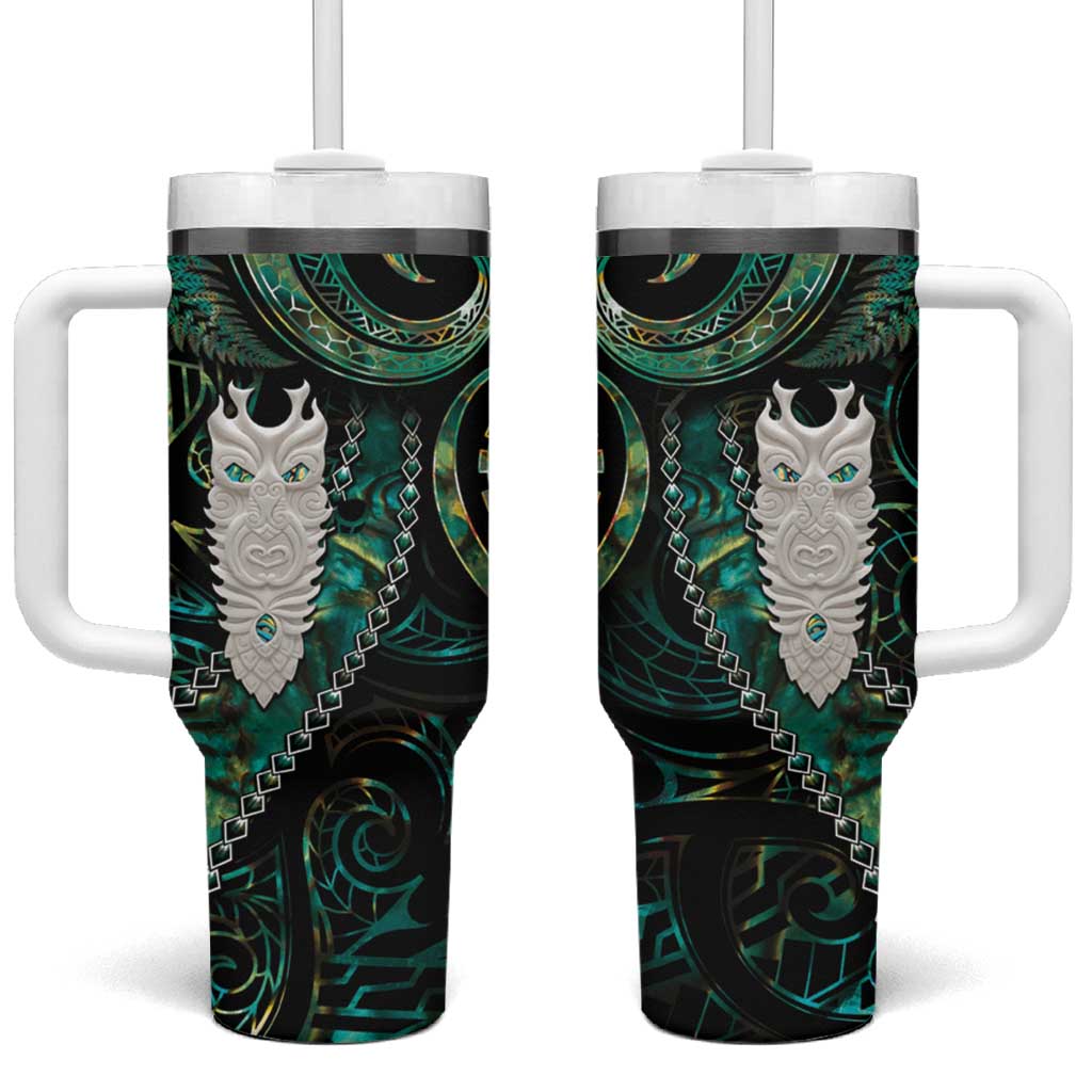 New Zealand Aotearoa Tumbler With Handle Maori Tane Te Waiora Paua Shell Glitter Green LT05 One Size: 40 oz Green - Polynesian Pride