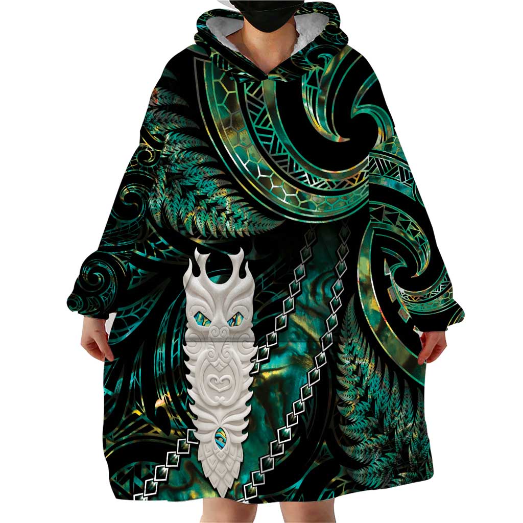 New Zealand Aotearoa Wearable Blanket Hoodie Maori Tane Te Waiora Paua Shell Glitter Green LT05 - Polynesian Pride