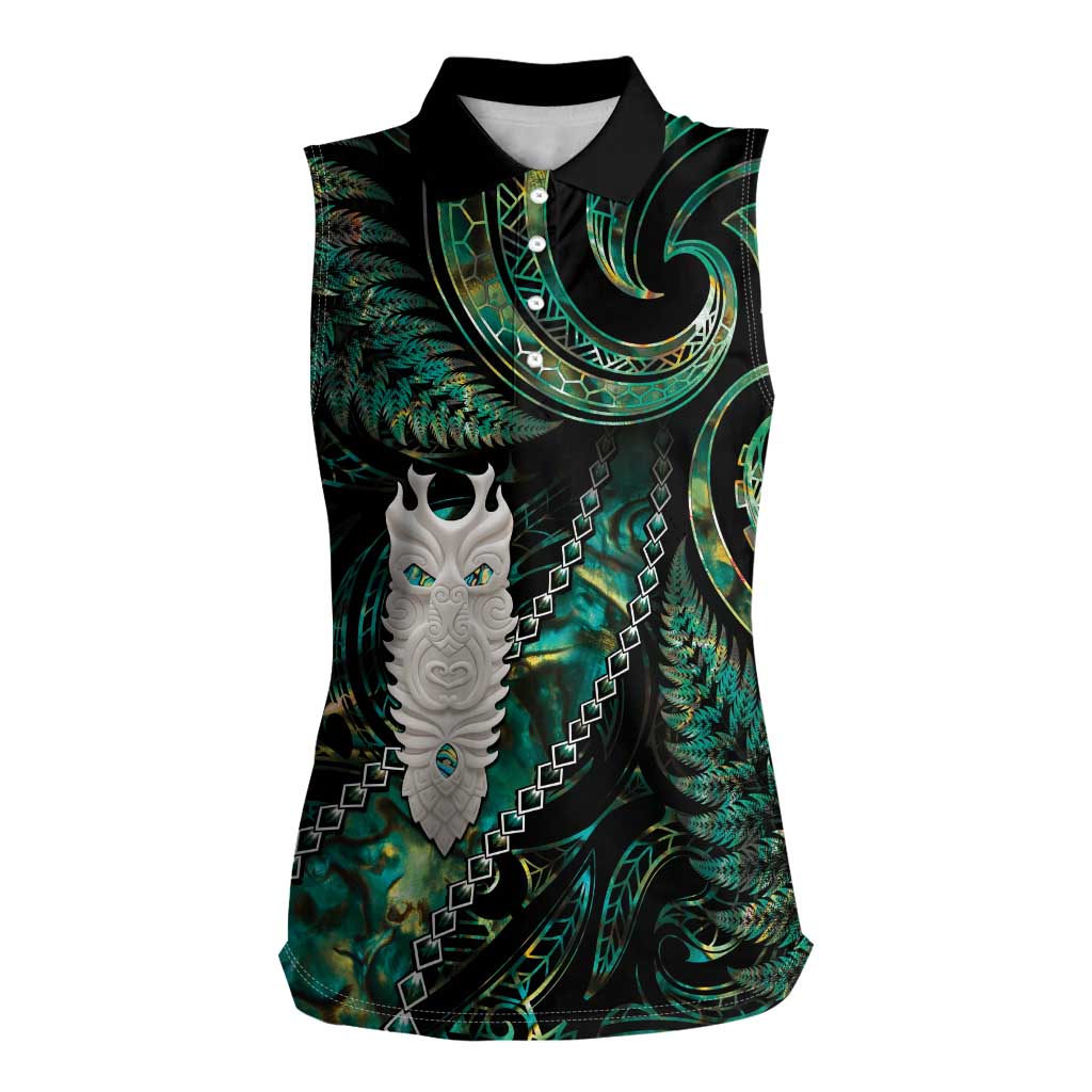 New Zealand Aotearoa Women Sleeveless Polo Shirt Maori Tane Te Waiora Paua Shell Glitter Green LT05 Female Green - Polynesian Pride