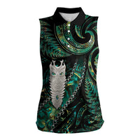 New Zealand Aotearoa Women Sleeveless Polo Shirt Maori Tane Te Waiora Paua Shell Glitter Green LT05 Female Green - Polynesian Pride