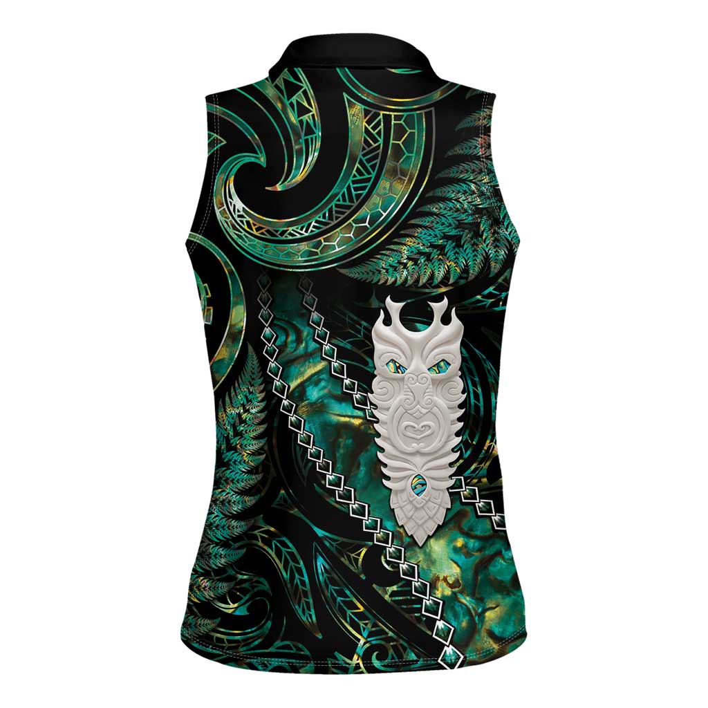 New Zealand Aotearoa Women Sleeveless Polo Shirt Maori Tane Te Waiora Paua Shell Glitter Green LT05 - Polynesian Pride