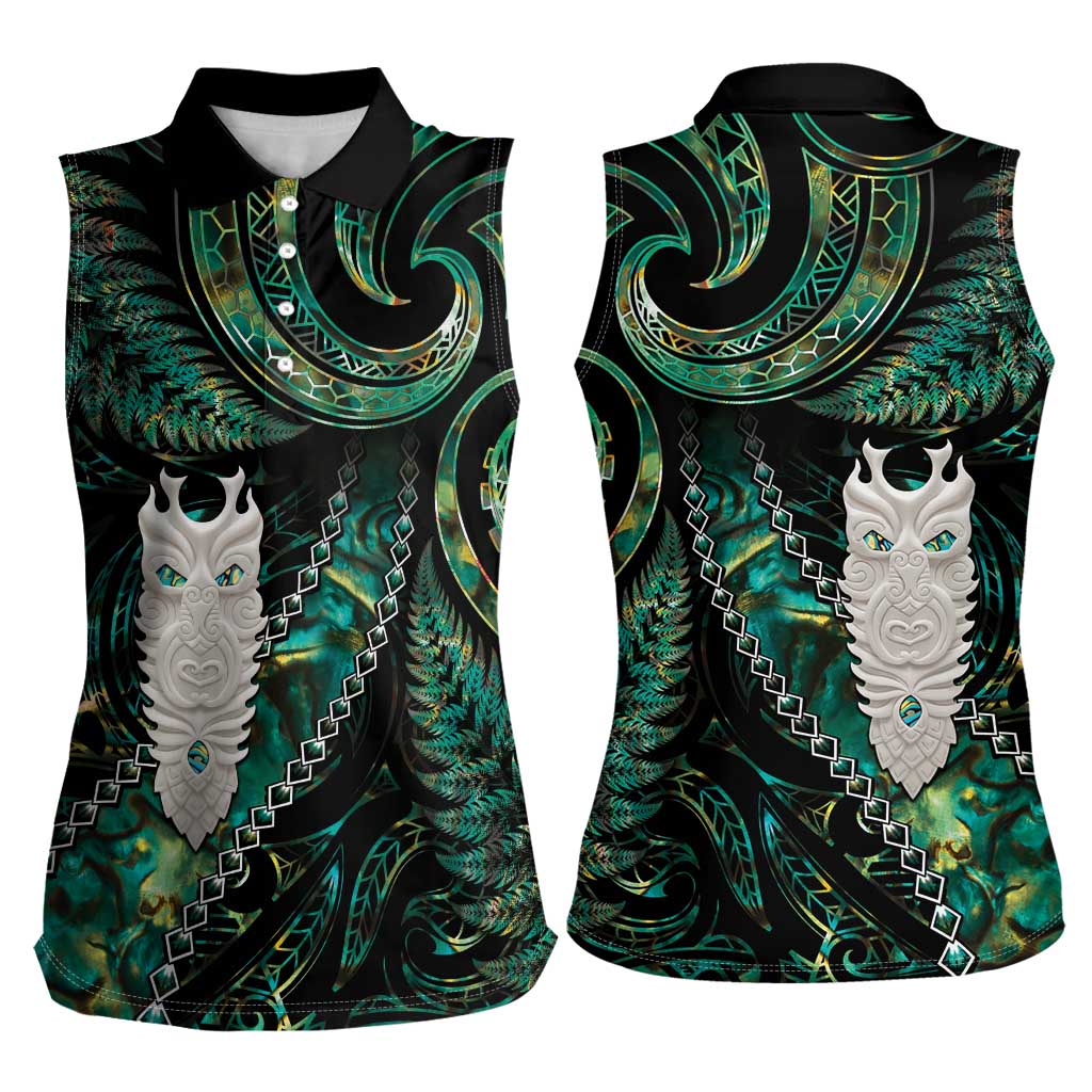 New Zealand Aotearoa Women Sleeveless Polo Shirt Maori Tane Te Waiora Paua Shell Glitter Green LT05 - Polynesian Pride
