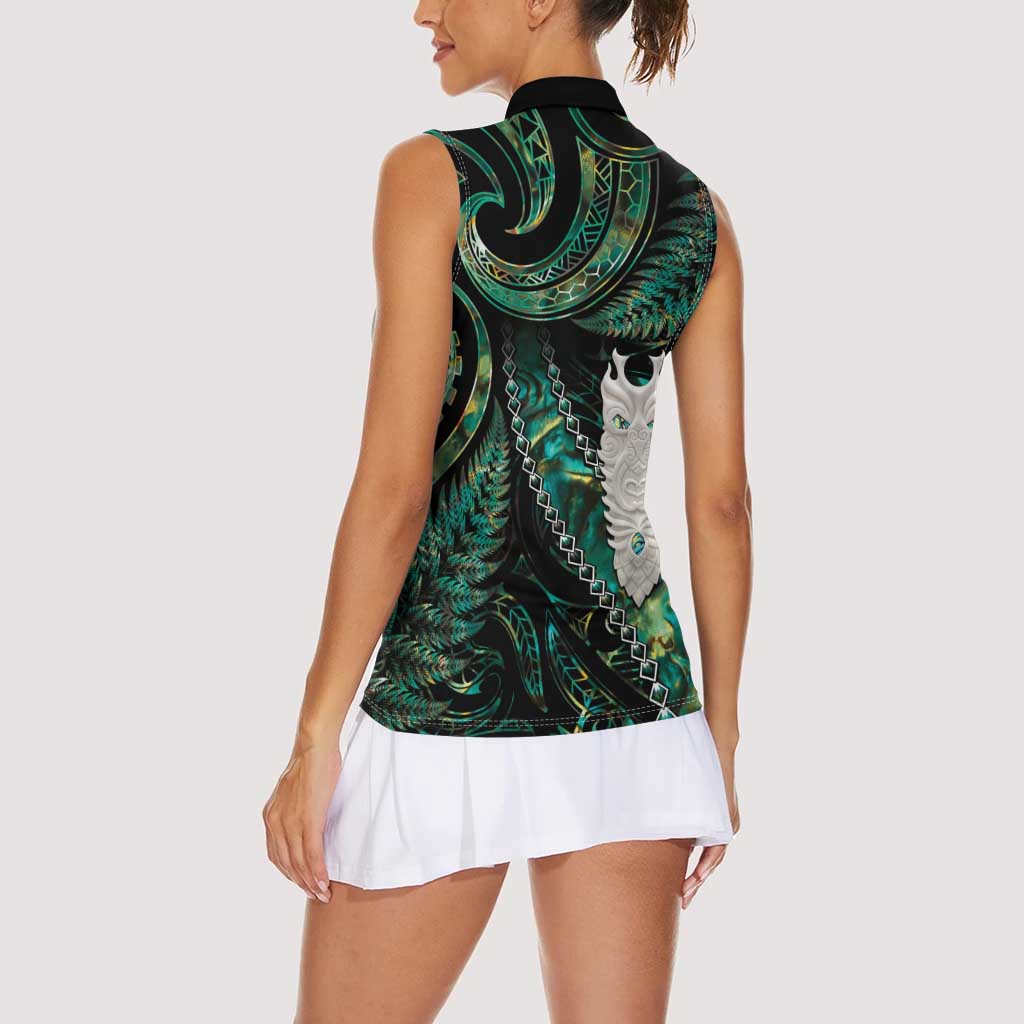 New Zealand Aotearoa Women Sleeveless Polo Shirt Maori Tane Te Waiora Paua Shell Glitter Green LT05 - Polynesian Pride