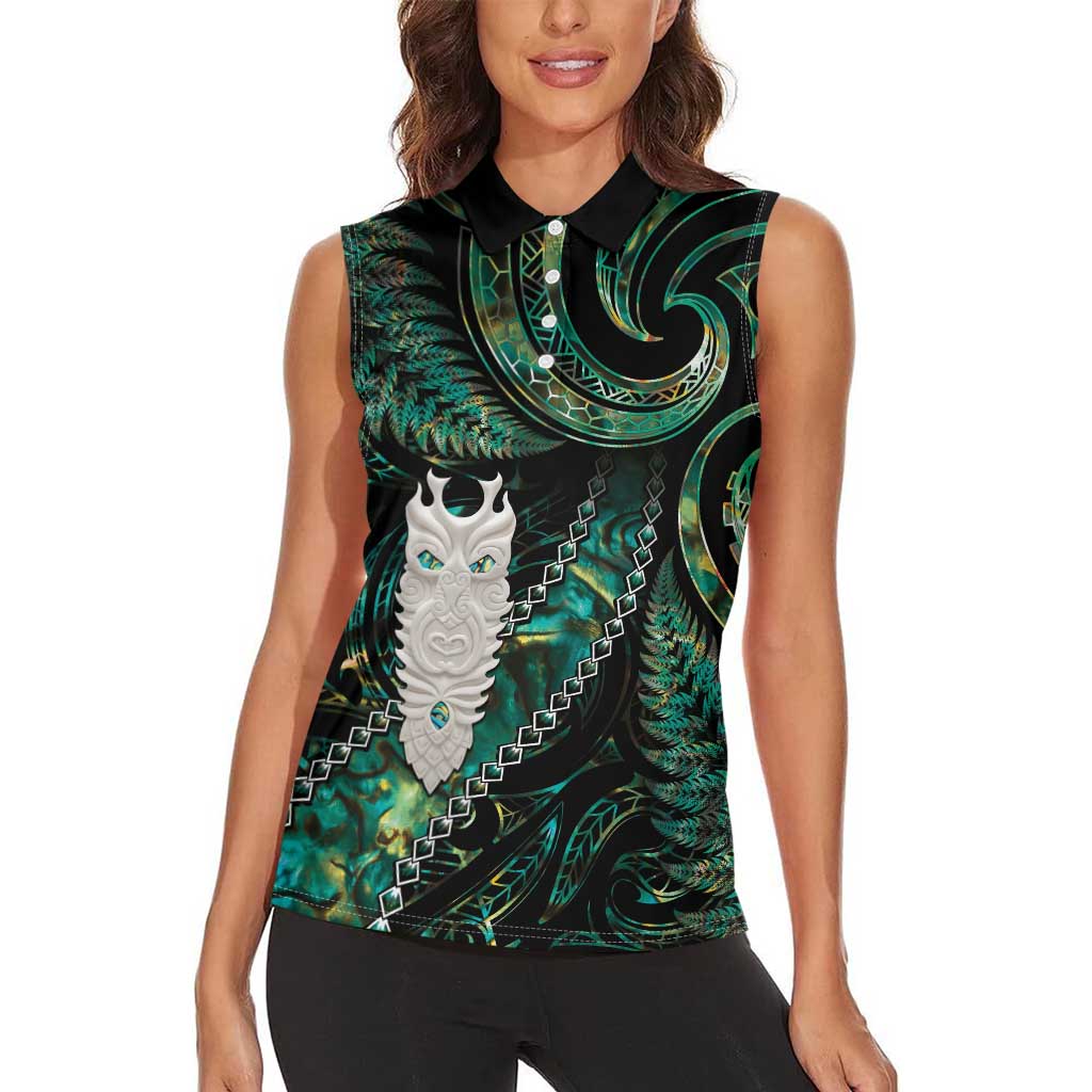 New Zealand Aotearoa Women Sleeveless Polo Shirt Maori Tane Te Waiora Paua Shell Glitter Green LT05 - Polynesian Pride