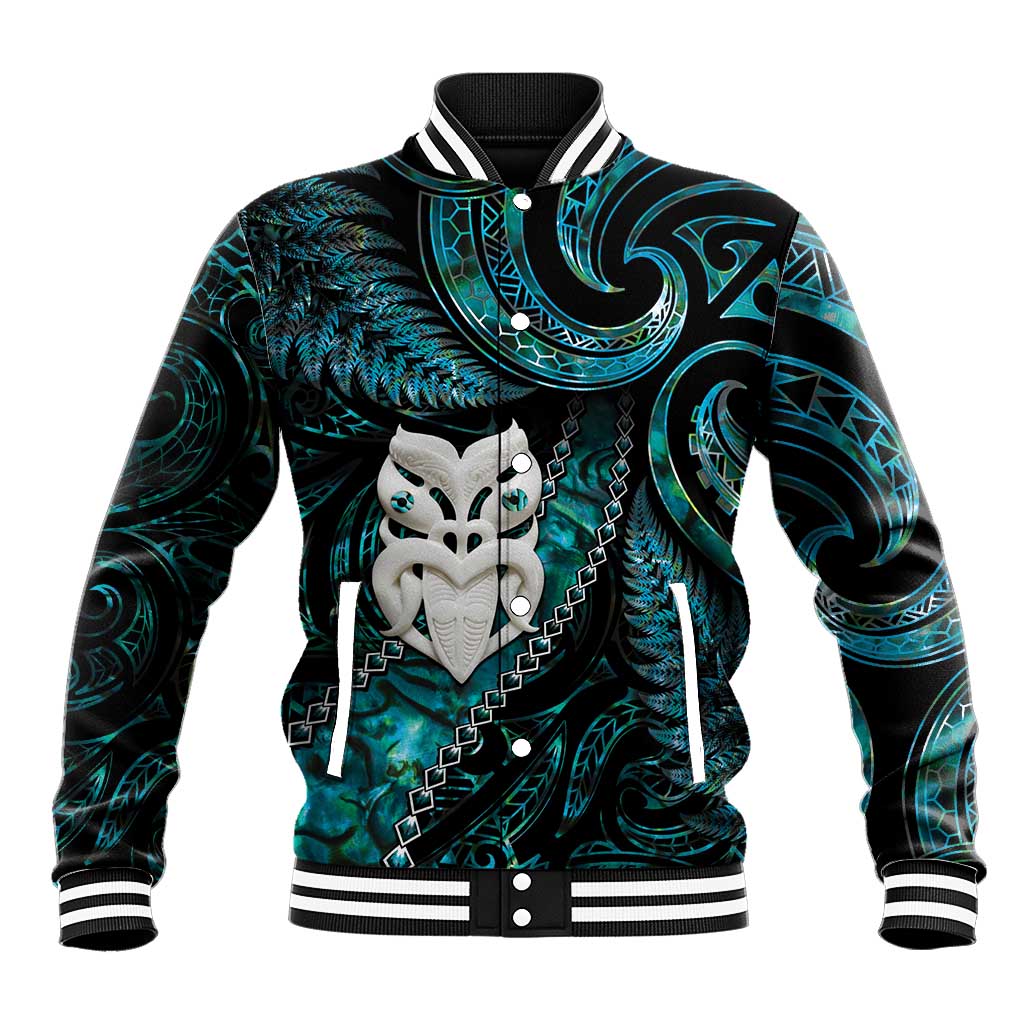 New Zealand Aotearoa Baseball Jacket Maori Wheku Paua Shell Glitter Turquoise LT05 Unisex Turquoise - Polynesian Pride
