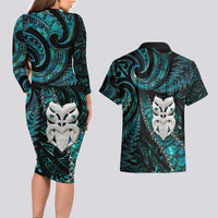 New Zealand Aotearoa Couples Matching Long Sleeve Bodycon Dress and Hawaiian Shirt Maori Wheku Paua Shell Glitter Turquoise LT05 - Polynesian Pride