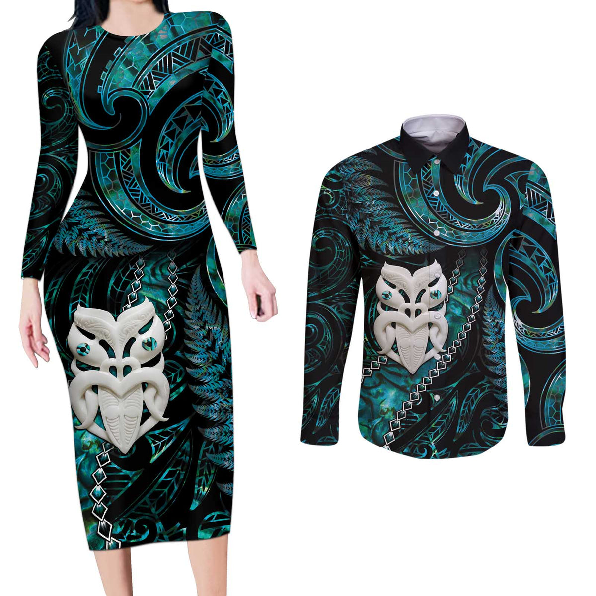 New Zealand Aotearoa Couples Matching Long Sleeve Bodycon Dress and Long Sleeve Button Shirt Maori Wheku Paua Shell Glitter Turquoise LT05 Turquoise - Polynesian Pride