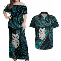 New Zealand Aotearoa Couples Matching Off Shoulder Maxi Dress and Hawaiian Shirt Maori Wheku Paua Shell Glitter Turquoise LT05 Turquoise - Polynesian Pride