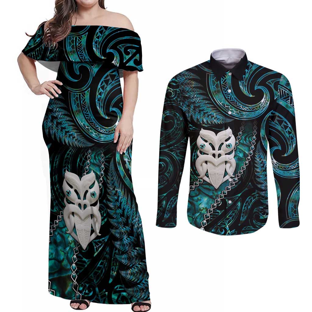 New Zealand Aotearoa Couples Matching Off Shoulder Maxi Dress and Long Sleeve Button Shirt Maori Wheku Paua Shell Glitter Turquoise LT05 Turquoise - Polynesian Pride