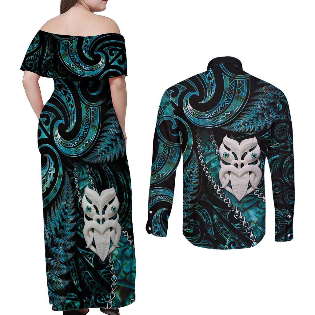 New Zealand Aotearoa Couples Matching Off Shoulder Maxi Dress and Long Sleeve Button Shirt Maori Wheku Paua Shell Glitter Turquoise LT05 - Polynesian Pride