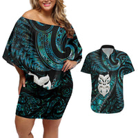 New Zealand Aotearoa Couples Matching Off Shoulder Short Dress and Hawaiian Shirt Maori Wheku Paua Shell Glitter Turquoise LT05 Turquoise - Polynesian Pride