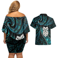 New Zealand Aotearoa Couples Matching Off Shoulder Short Dress and Hawaiian Shirt Maori Wheku Paua Shell Glitter Turquoise LT05 - Polynesian Pride