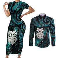 New Zealand Aotearoa Couples Matching Short Sleeve Bodycon Dress and Long Sleeve Button Shirt Maori Wheku Paua Shell Glitter Turquoise LT05 Turquoise - Polynesian Pride