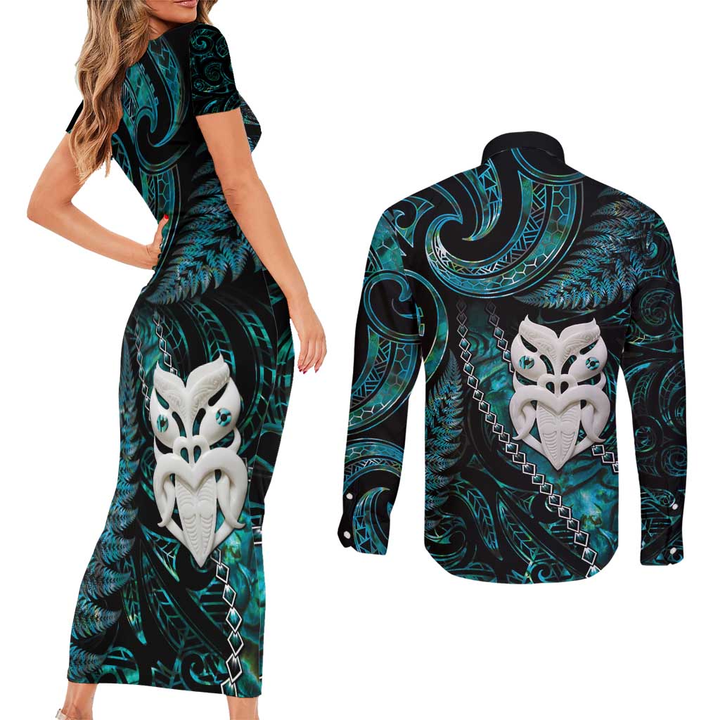 New Zealand Aotearoa Couples Matching Short Sleeve Bodycon Dress and Long Sleeve Button Shirt Maori Wheku Paua Shell Glitter Turquoise LT05 - Polynesian Pride
