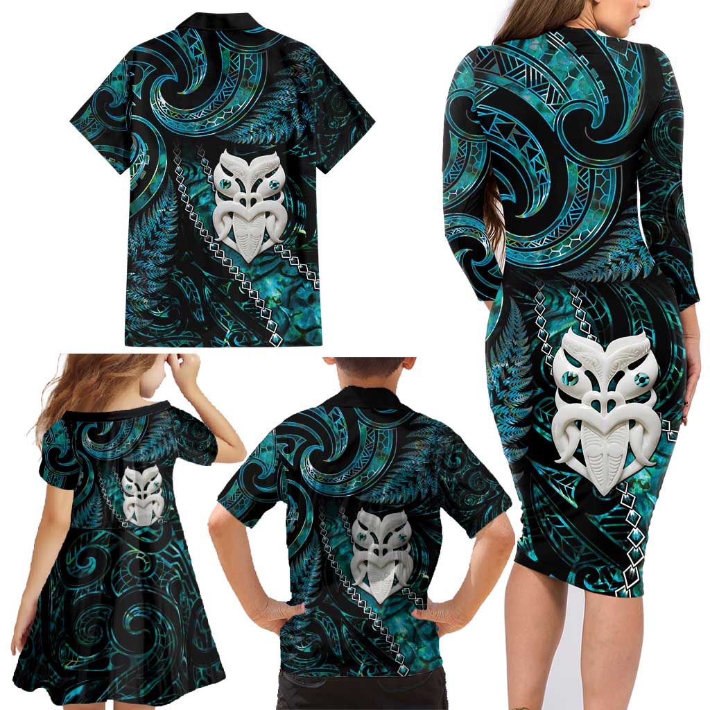 New Zealand Aotearoa Family Matching Long Sleeve Bodycon Dress and Hawaiian Shirt Maori Wheku Paua Shell Glitter Turquoise LT05 - Polynesian Pride