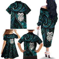 New Zealand Aotearoa Family Matching Off The Shoulder Long Sleeve Dress and Hawaiian Shirt Maori Wheku Paua Shell Glitter Turquoise LT05 - Polynesian Pride