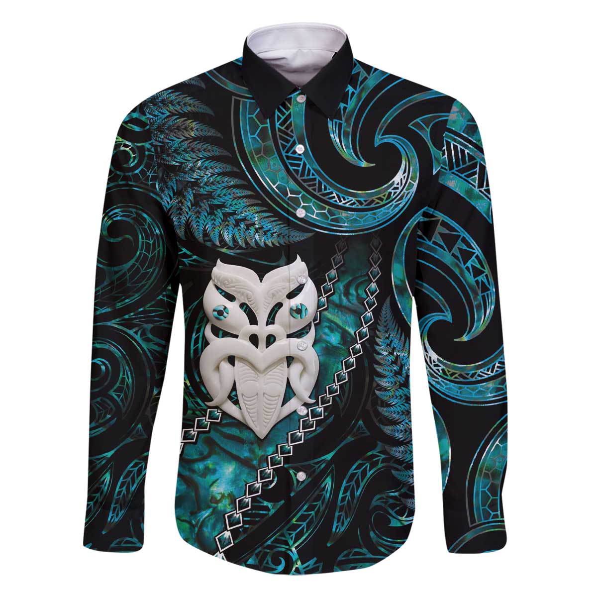 New Zealand Aotearoa Family Matching Off The Shoulder Long Sleeve Dress and Hawaiian Shirt Maori Wheku Paua Shell Glitter Turquoise LT05 Dad's Shirt - Long Sleeve Turquoise - Polynesian Pride