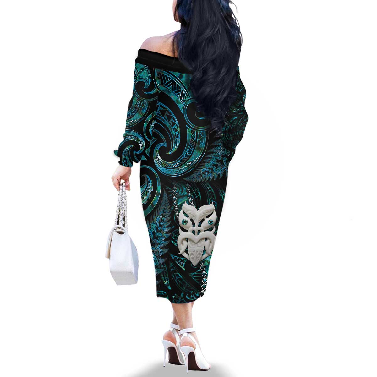 New Zealand Aotearoa Family Matching Off The Shoulder Long Sleeve Dress and Hawaiian Shirt Maori Wheku Paua Shell Glitter Turquoise LT05 - Polynesian Pride