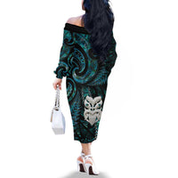 New Zealand Aotearoa Family Matching Off The Shoulder Long Sleeve Dress and Hawaiian Shirt Maori Wheku Paua Shell Glitter Turquoise LT05 - Polynesian Pride