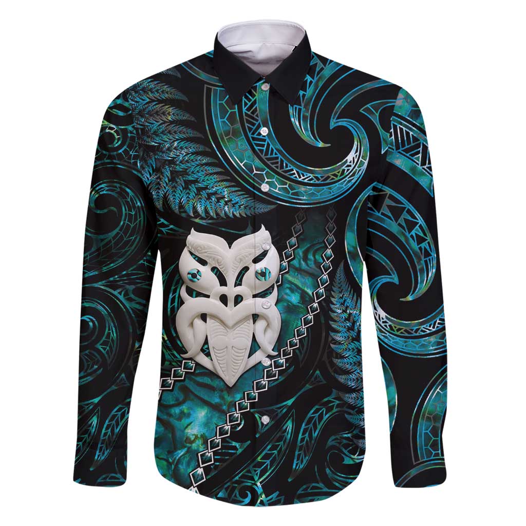 New Zealand Aotearoa Family Matching Off Shoulder Maxi Dress and Hawaiian Shirt Maori Wheku Paua Shell Glitter Turquoise LT05 Dad's Shirt - Long Sleeve Turquoise - Polynesian Pride
