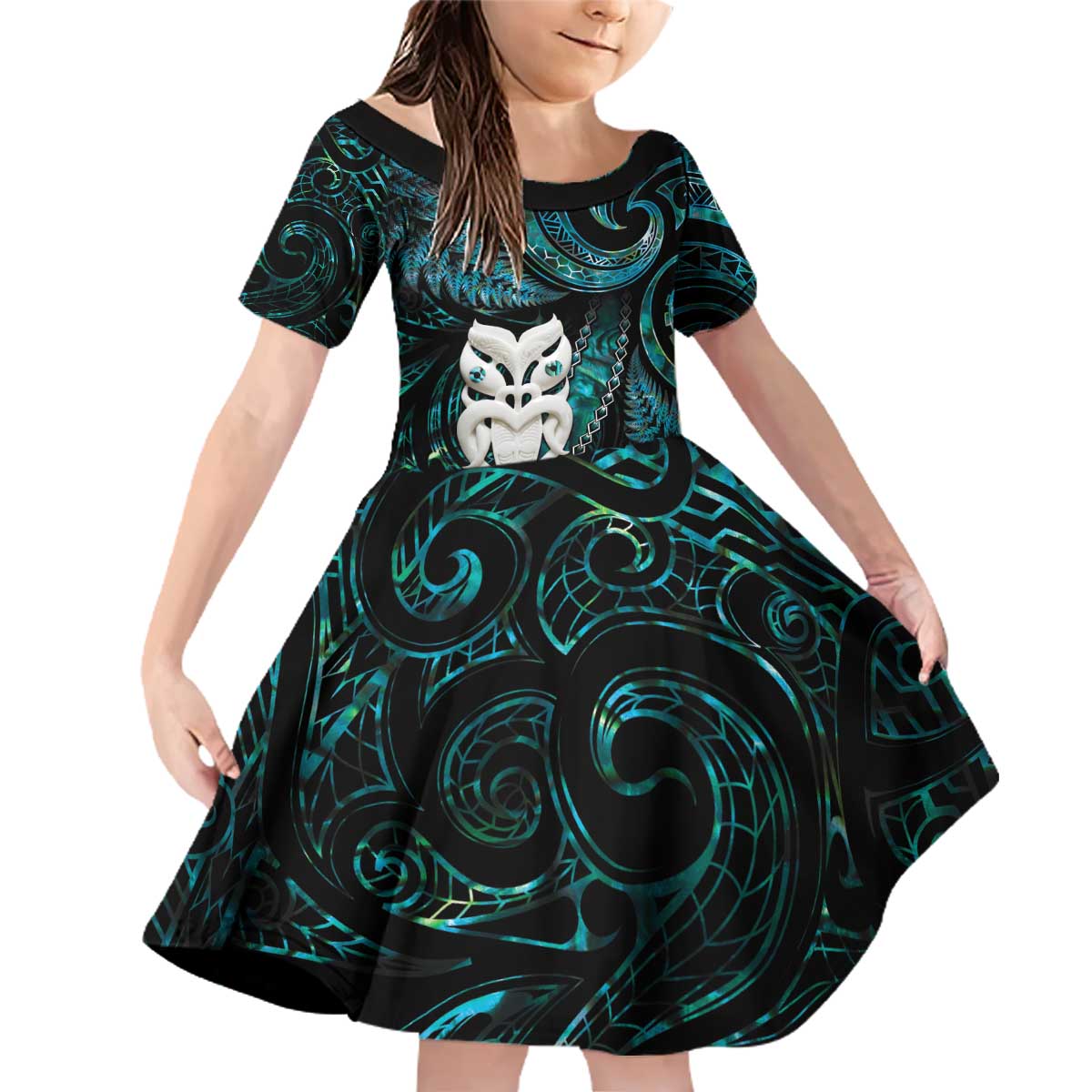New Zealand Aotearoa Family Matching Off Shoulder Short Dress and Hawaiian Shirt Maori Wheku Paua Shell Glitter Turquoise LT05 Daughter's Dress Turquoise - Polynesian Pride