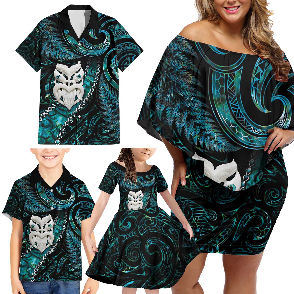 New Zealand Aotearoa Family Matching Off Shoulder Short Dress and Hawaiian Shirt Maori Wheku Paua Shell Glitter Turquoise LT05 - Polynesian Pride