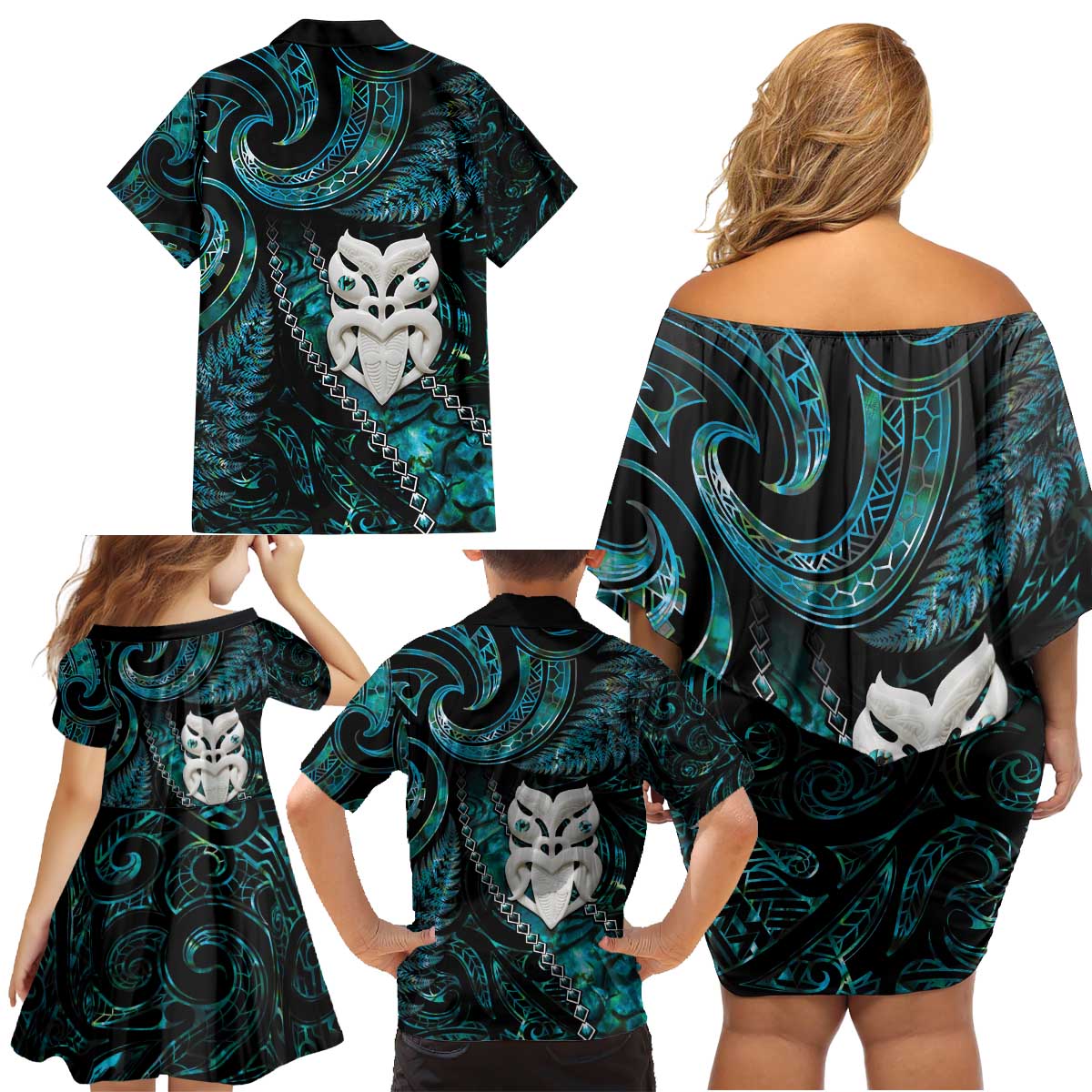 New Zealand Aotearoa Family Matching Off Shoulder Short Dress and Hawaiian Shirt Maori Wheku Paua Shell Glitter Turquoise LT05 - Polynesian Pride