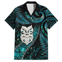 New Zealand Aotearoa Family Matching Off Shoulder Short Dress and Hawaiian Shirt Maori Wheku Paua Shell Glitter Turquoise LT05 Dad's Shirt - Short Sleeve Turquoise - Polynesian Pride