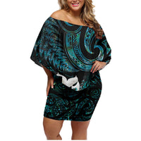 New Zealand Aotearoa Family Matching Off Shoulder Short Dress and Hawaiian Shirt Maori Wheku Paua Shell Glitter Turquoise LT05 Mom's Dress Turquoise - Polynesian Pride