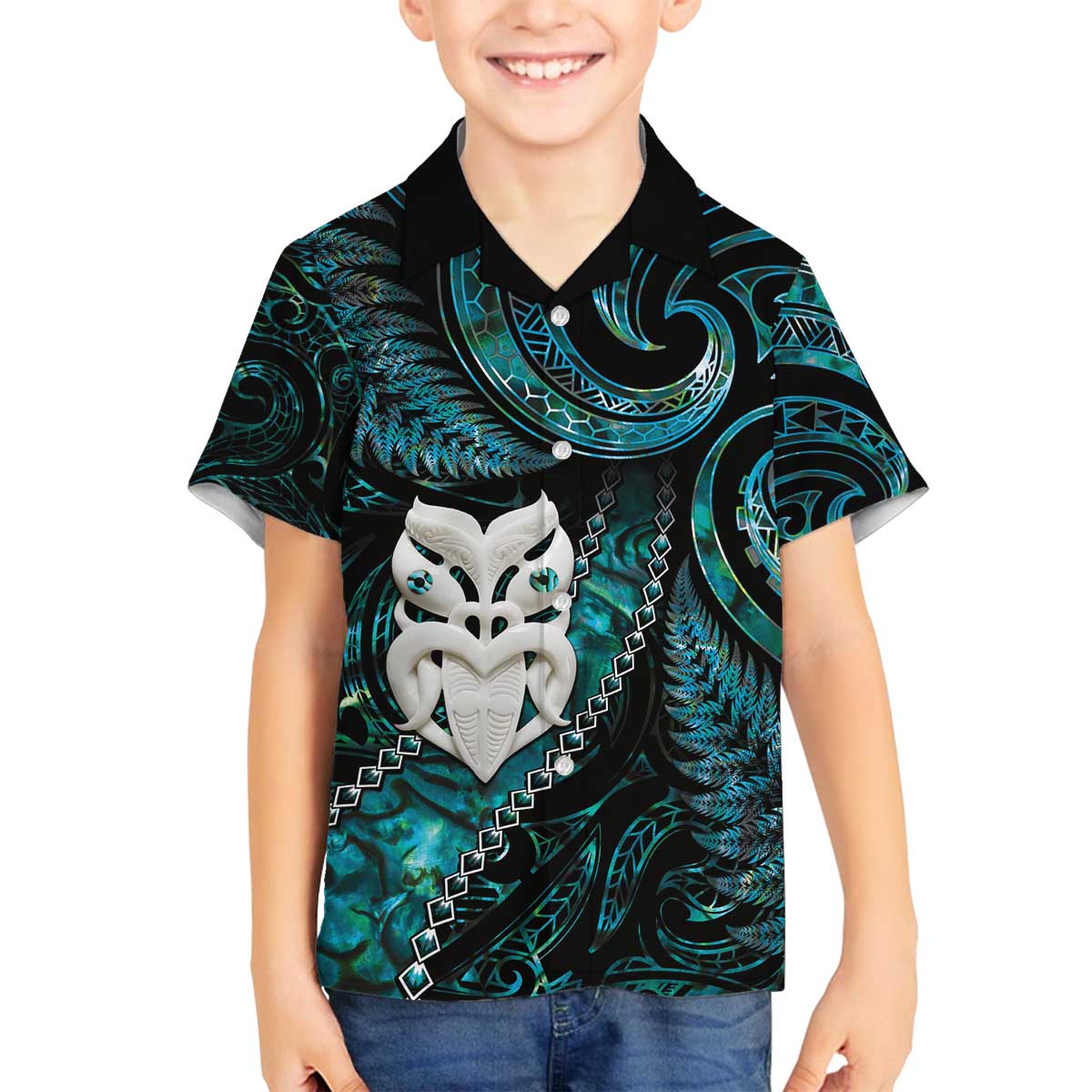 New Zealand Aotearoa Family Matching Off Shoulder Short Dress and Hawaiian Shirt Maori Wheku Paua Shell Glitter Turquoise LT05 Son's Shirt Turquoise - Polynesian Pride