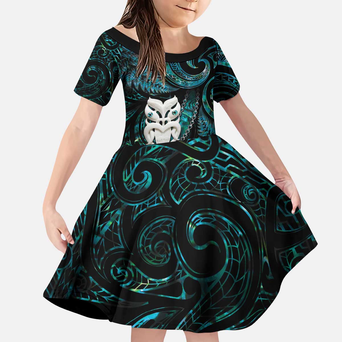New Zealand Aotearoa Family Matching Puletasi and Hawaiian Shirt Maori Wheku Paua Shell Glitter Turquoise LT05 Daughter's Dress Turquoise - Polynesian Pride
