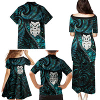 New Zealand Aotearoa Family Matching Puletasi and Hawaiian Shirt Maori Wheku Paua Shell Glitter Turquoise LT05 - Polynesian Pride
