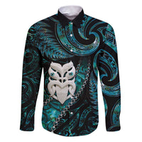 New Zealand Aotearoa Family Matching Puletasi and Hawaiian Shirt Maori Wheku Paua Shell Glitter Turquoise LT05 Dad's Shirt - Long Sleeve Turquoise - Polynesian Pride