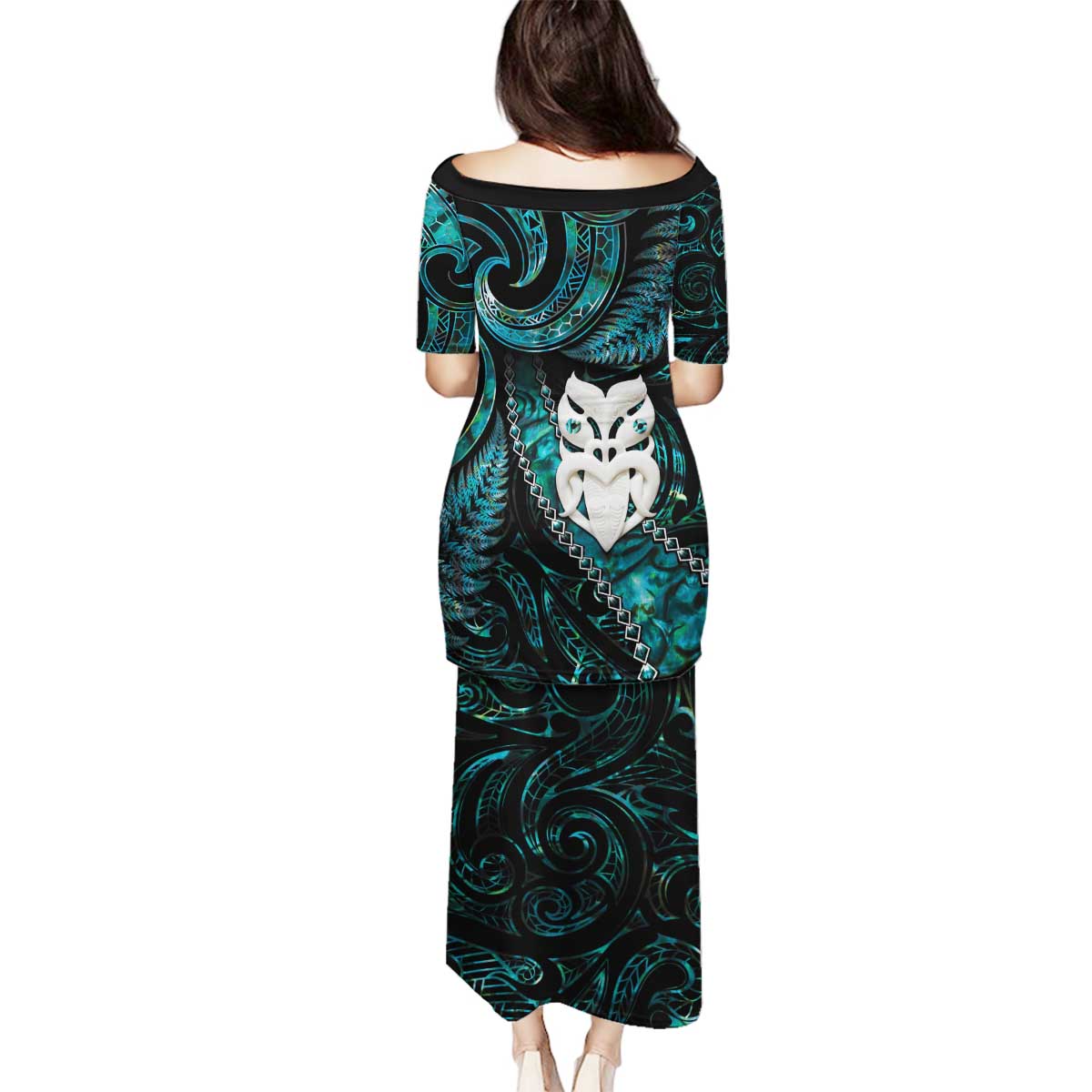 New Zealand Aotearoa Family Matching Puletasi and Hawaiian Shirt Maori Wheku Paua Shell Glitter Turquoise LT05 - Polynesian Pride