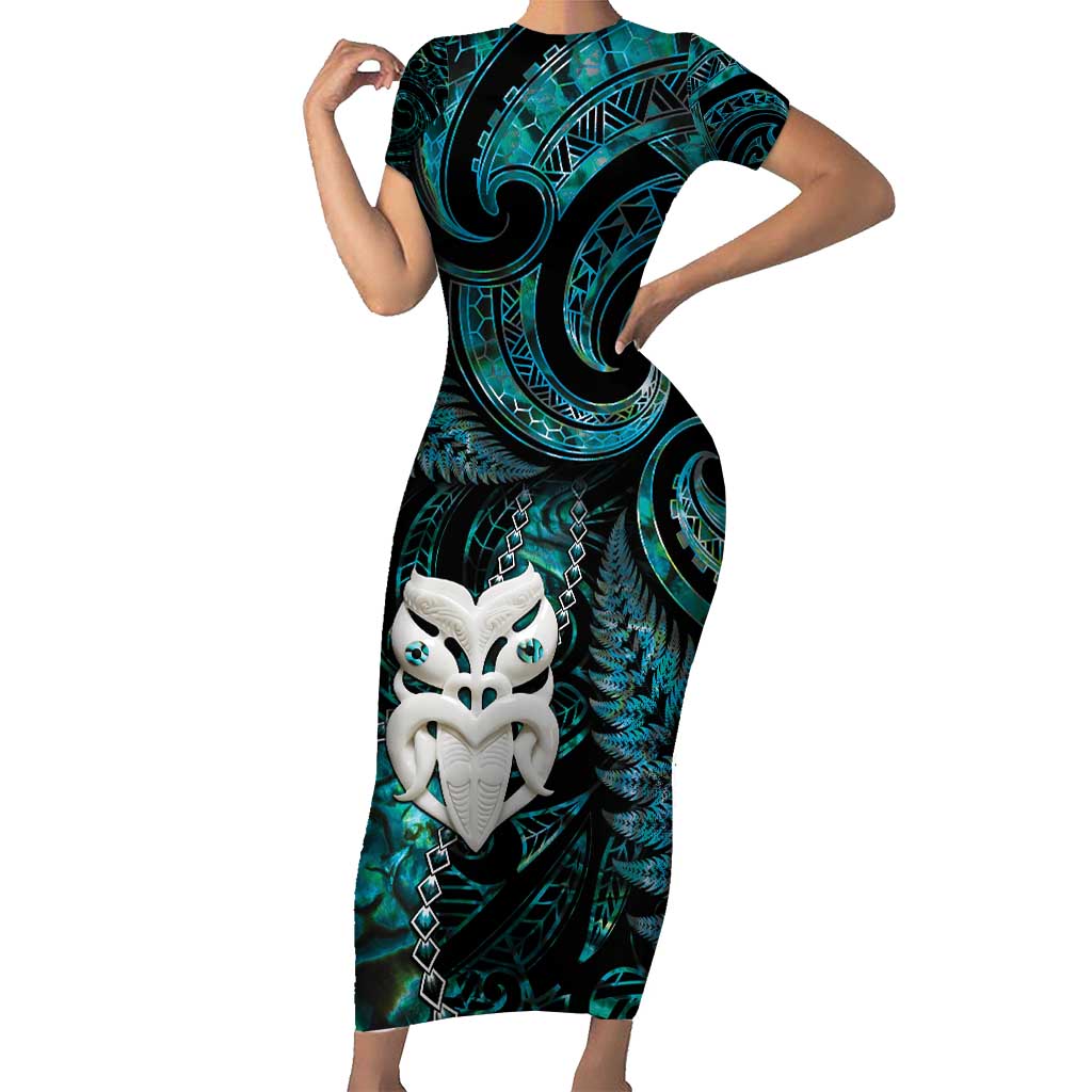 New Zealand Aotearoa Family Matching Short Sleeve Bodycon Dress and Hawaiian Shirt Maori Wheku Paua Shell Glitter Turquoise LT05 Mom's Dress Turquoise - Polynesian Pride