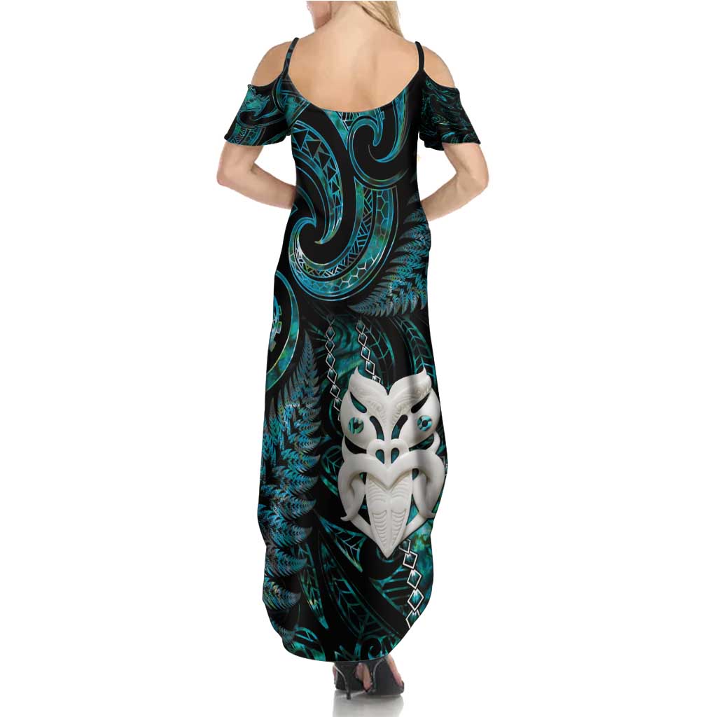 New Zealand Aotearoa Family Matching Summer Maxi Dress and Hawaiian Shirt Maori Wheku Paua Shell Glitter Turquoise LT05 - Polynesian Pride