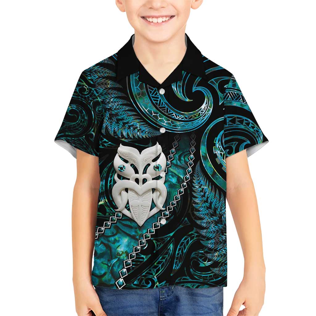 New Zealand Aotearoa Family Matching Summer Maxi Dress and Hawaiian Shirt Maori Wheku Paua Shell Glitter Turquoise LT05 Son's Shirt Turquoise - Polynesian Pride